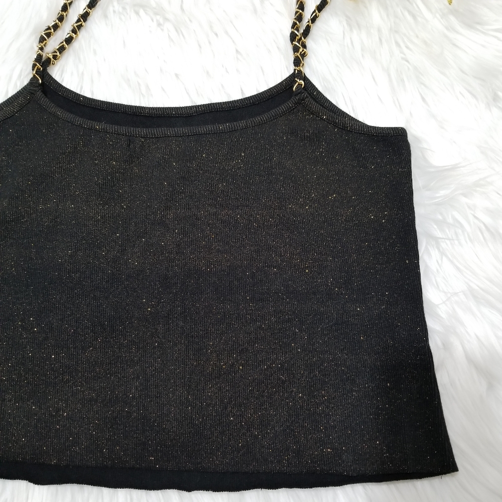 Black Cable & Gauge Top with Gold Glitter and Gold Chain Straps, SIZE L. - Picture 9 of 15